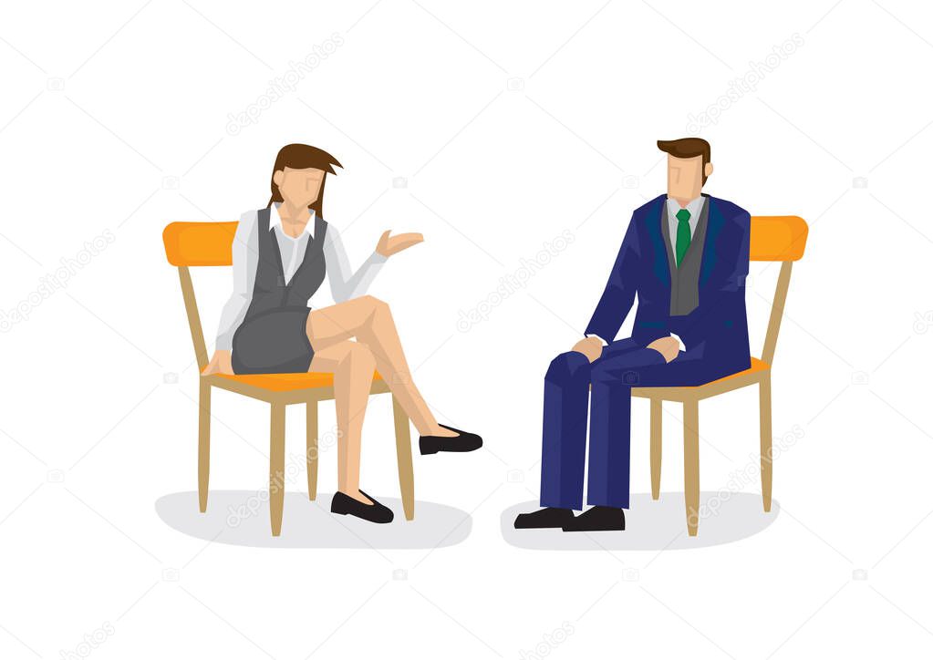 Business woman and man discuss on work together. Concept of cooperation or consultation. Isolated vector cartoon illustration.