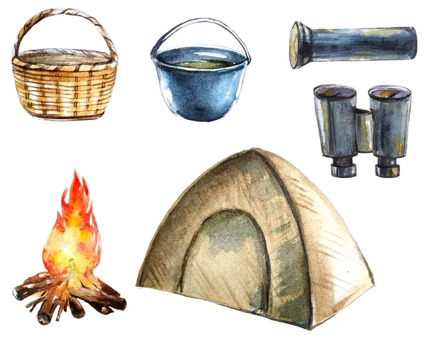 Aquarelle dessinée à la main camping d'été rural objets isolés — Photo