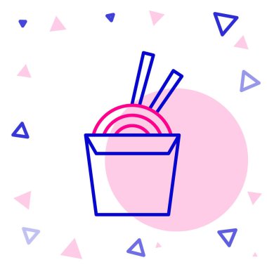 Karton kutuda Asya erişteleri ve beyaz arka planda izole edilmiş yemek çubukları ikonu. Sokak yemeği. Kore, Japon, Çin yemekleri. Renkli taslak konsepti. Vektör İllüstrasyonu