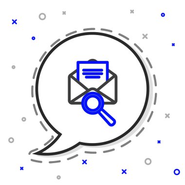 Beyaz arkaplanda izole edilmiş büyüteç simgesi içeren satır zarfları. Renkli taslak konsepti. Vektör İllüstrasyonu