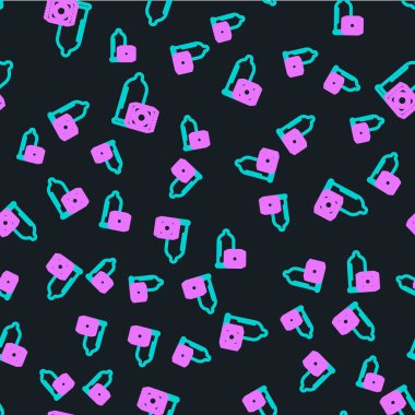 Çizgi prezervatif güvenli seks ikonu siyah arka planda izole edilmiş kusursuz desen. Güvenli aşk sembolü. Erkekler için doğum kontrol yöntemi. Vektör İllüstrasyonu