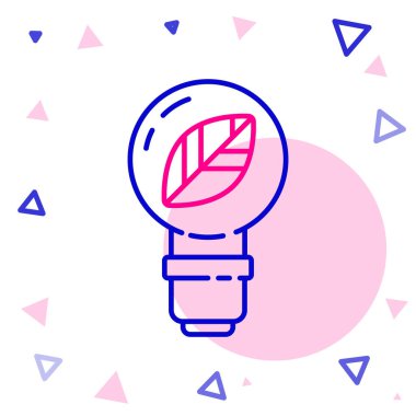 Beyaz arkaplanda yaprak simgesi olan çizgi lambası. Çevre enerjisi kavramı. Alternatif enerji kavramı. Renkli taslak konsepti. Vektör İllüstrasyonu