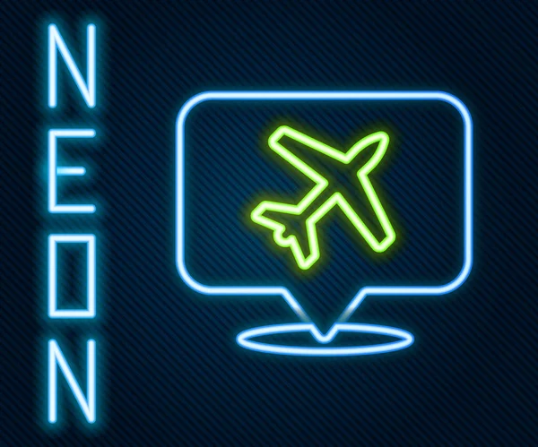 ネオンラインの輝き黒い背景に隔離された航空機の旅行アイコンを持つスピーチバブル 飛行機の輸送標識 祝日の記号 カラフルなアウトラインコンセプト ベクターイラスト — ストックベクタ