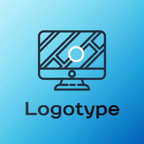 ライン青い背景に隔離された位置マーカーアイコンを持つコンピュータのモニターと折り畳まれた地図 カラフルなアウトラインコンセプト ベクターイラスト — ストックベクタ