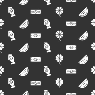 Kumarhane kumar makinesini yoncalı, kumarhane kumar makinesini karpuzlu, el ele oyun kağıtlarını ve kağıt paraları pürüzsüz desenli kağıt paralarla ayarla. Vektör