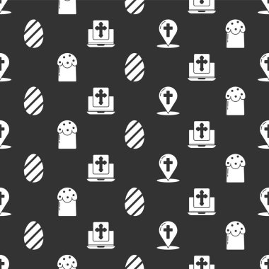 Harita işaretçisini Hıristiyan haçı, Paskalya pastası, Paskalya yumurtası ve haçı dizüstü bilgisayar ekranına kusursuz bir şekilde yerleştir. Vektör