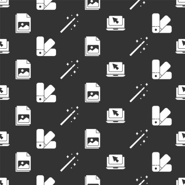 Dizüstü bilgisayarı ve imleci, renk palet rehberini, resim manzarasını ve sihirli değneği pürüzsüz desene ayarlayın. Vektör