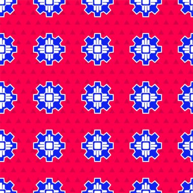 Mavi İşlemci simgesi kırmızı arkaplanda izole edilmiş. İşlemci, merkezi işlem birimi, mikroçip, mikro devre, bilgisayar işlemcisi, çip. Vektör İllüstrasyonu