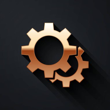 Siyah arkaplanda Gold Gear simgesi izole edildi. Çarklı teçhizat ayarları. İşçi sembolü. Uzun gölge tarzı. Vektör İllüstrasyonu