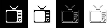 Retro TV simgesini siyah beyaz arkaplanda izole et. Televizyon tabelası. Vektör İllüstrasyonu