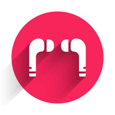 Beyaz Hava Kulaklığı simgesi uzun gölgeli izole edilmiş. Kulaklıklar için kablosuz cihaz. Elektronik cihazlar. Kırmızı daire düğmesi. Vektör İllüstrasyonu