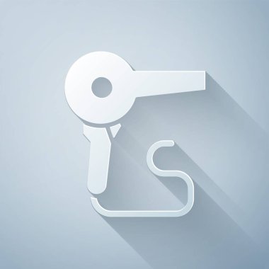 Kağıt kesiği saç kurutma ikonu gri arka planda izole edilmiş. Saç kurutma makinesi tabelası. Saç kurutma sembolü. Sıcak hava üflüyor. Kağıt sanatı tarzı. Vektör İllüstrasyonu