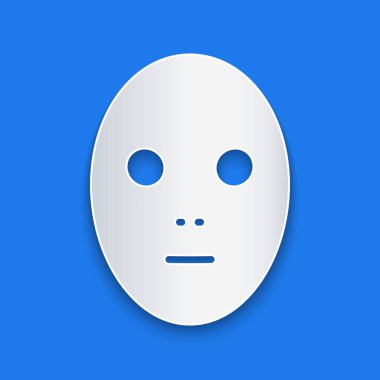 Kağıt kesiği. Mavi arka planda yüz maskesi simgesi izole edilmiş. Kozmetoloji, ilaç ve sağlık hizmetleri. Kağıt sanatı tarzı. Vektör İllüstrasyonu