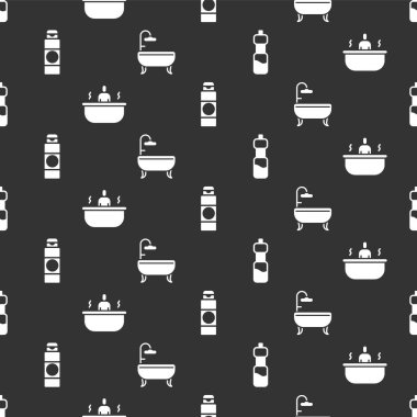 Bir şişe su, küvet, krem ya da losyon kozmetik tüpü ve küvet. Vektör