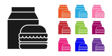 Siyah Online sipariş ve hamburger dağıtım ikonu beyaz arka planda izole edildi. Simgeleri renklendirin. Vektör İllüstrasyonu