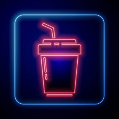 Mavi arka planda izole edilmiş parlak neon kahve fincanı. Vektör İllüstrasyonu