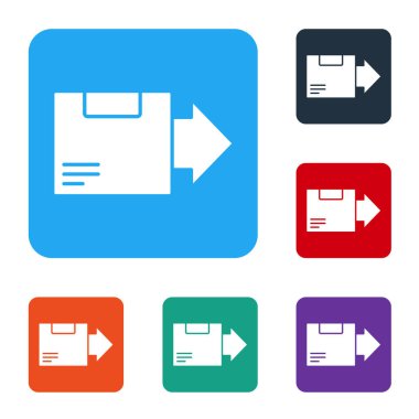 Beyaz arka planda izole edilmiş beyaz karton kutu simgesi. Kutu, paket, paket işareti. Teslimat ve ambalaj. Renkli kare düğmelerle simgeleri ayarla. Vektör İllüstrasyonu