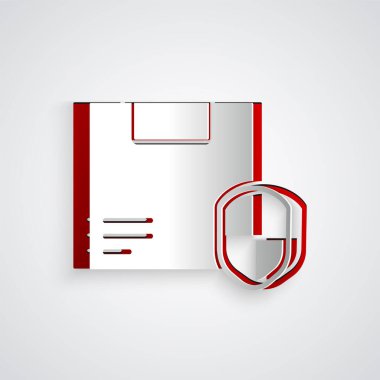 Kağıt kesiği. Gri arkaplanda kalkan simgesi olan teslimat güvenliği. Teslimat sigortası. Kalkanın ötesinde sigorta kutuları var. Kağıt sanatı tarzı. Vektör İllüstrasyonu