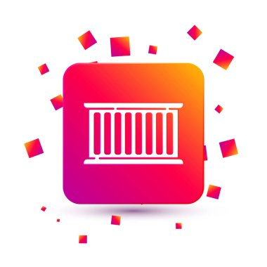 Beyaz konteyner simgesi beyaz arkaplanda izole edildi. Crane içinde kargo olan bir konteynırı kaldırıyor. Kare renk düğmesi. Vektör İllüstrasyonu