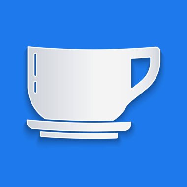 Kağıt kesiği kahve fincanı simgesi mavi arka planda izole edilmiş. Çay fincanı. Sıcak içecek kahvesi. Kağıt sanatı tarzı. Vektör İllüstrasyonu