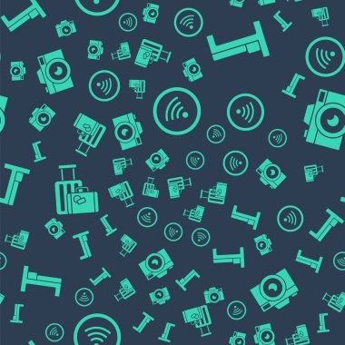 Kablosuz internet ağı, yatak, bavul ve fotoğraf makinesini kusursuz desene ayarlayın. Vektör