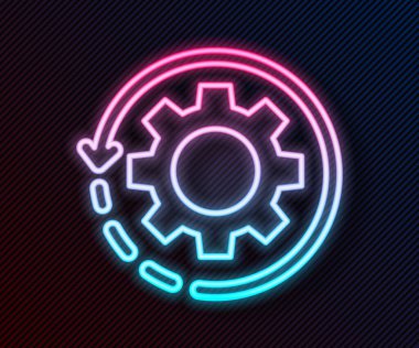 İş akışı konsepti simgesi olarak parlayan neon hattı dişlisi ve oklar siyah arkaplanda izole edildi. Vites doldurma tabelası. Vektör İllüstrasyonu