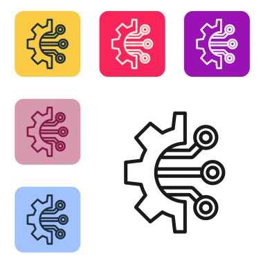 Beyaz arkaplanda siyah çizgi Algoritma simgesi izole edildi. Yapay Zeka koleksiyonundan algoritma sembolü tasarımı. Renkli kare düğmelerle simgeleri ayarla. Vektör İllüstrasyonu