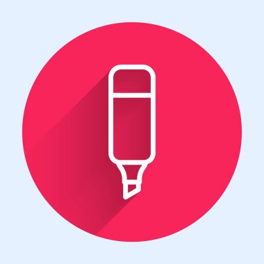 Beyaz çizgi kalem simgesi uzun gölgeyle izole edildi. Kırmızı daire düğmesi. Vektör İllüstrasyonu