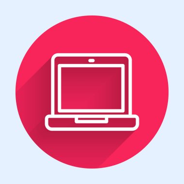 Uzun gölgeli beyaz çizgi dizüstü bilgisayar simgesi. Boş ekran işaretli bilgisayar defteri. Kırmızı daire düğmesi. Vektör İllüstrasyonu