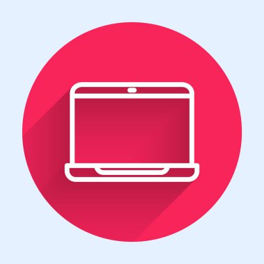 Uzun gölgeli beyaz çizgi dizüstü bilgisayar simgesi. Boş ekran işaretli bilgisayar defteri. Kırmızı daire düğmesi. Vektör İllüstrasyonu