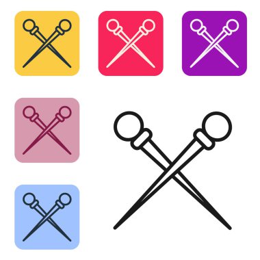 Siyah çizgili örgü iğneleri beyaz arka planda izole edilmiş. El yapımı, örgü ya da terzi için etiket. Renkli kare düğmelerle simgeleri ayarla. Vektör İllüstrasyonu