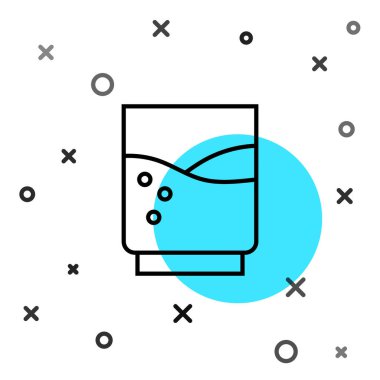 Beyaz zemin üzerinde su ikonu olan siyah çizgi camlar. Soda bardağı. Rastgele dinamik şekiller. Vektör İllüstrasyonu