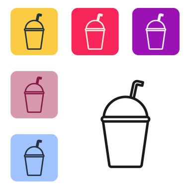 Beyaz arkaplanda siyah çizgi milkshake simgesi izole edildi. Kapaklı ve samanlı plastik bardak. Renkli kare düğmelerle simgeleri ayarla. Vektör İllüstrasyonu