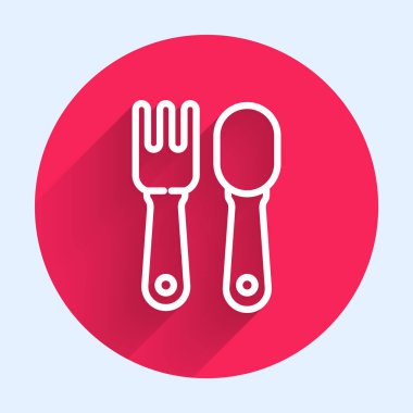 Beyaz çizgi çatal ve kaşık ikonu uzun gölgeli izole edilmiş. Mutfak aletleri. Çatal bıçak seti. Kırmızı daire düğmesi. Vektör İllüstrasyonu