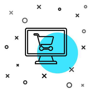 Ekran bilgisayarındaki siyah çizgi alışveriş arabası beyaz arkaplanda izole edilmiş. Konsept e-ticaret, e-ticaret, online iş pazarlama. Rastgele dinamik şekiller. Vektör İllüstrasyonu