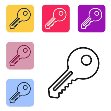 Beyaz arkaplanda siyah çizgi anahtar simgesi izole edildi. Renkli kare düğmelerle simgeleri ayarla. Vektör İllüstrasyonu