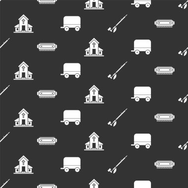 Amerikan yerlilerinin sigara piposu, armonika, kilise binası ve Vahşi Batı vagonlarını kusursuz bir şekilde yerleştirin. Vektör