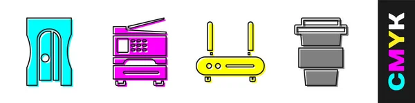 Setzen Sie Bleistiftspitzer Drucker Router Und Signal Und Kaffeetasse Symbol — Stockvektor