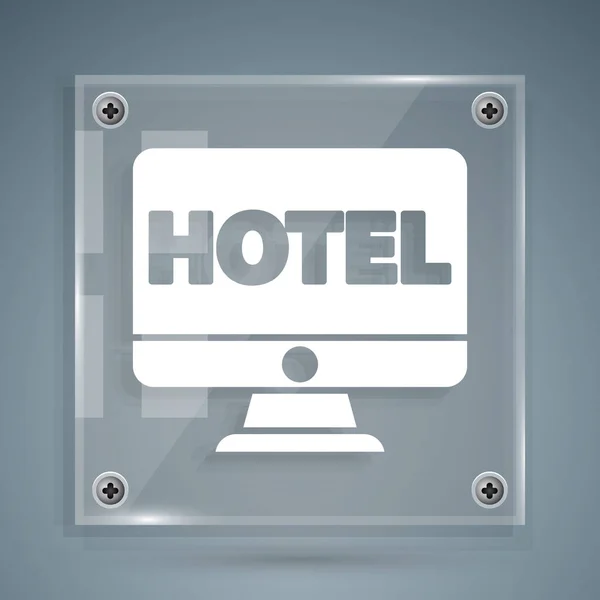 Weißes Online Symbol Für Hotelbuchungen Auf Grauem Hintergrund Online Buchungsdesign — Stockvektor