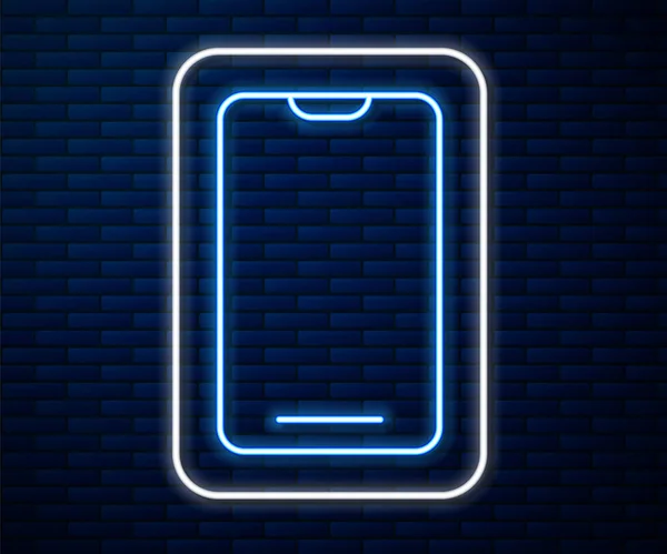 Glowing Neon Line Smartphone Mobile Phone Icon Isolated Brick Wall — Stock Vector