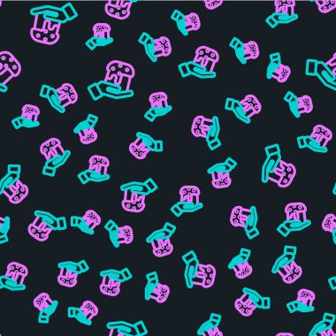 Çizgi insan eli ve paskalya pastası ikonu siyah arka planda izole edilmiş kusursuz desen. Mutlu Paskalyalar. Vektör İllüstrasyonu