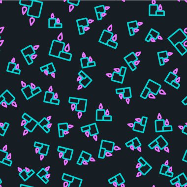 Çizgi Yanan mum simgesi siyah arkaplanda izole edilmiş kusursuz desen. Silindirik mum çubuğu ve yanan ateş. Vektör İllüstrasyonu