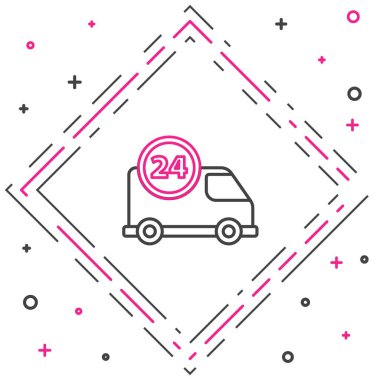Beyaz arka planda izole edilmiş araç ikonu ile 24 saat hızlı servis. Renkli taslak konsepti. Vektör İllüstrasyonu
