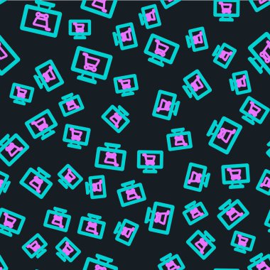 Ekran simgesinde çizgi alışveriş arabası siyah arkaplanda izole edilmiş kusursuz desen. Konsept e-ticaret, e-ticaret, online iş pazarlama. Vektör İllüstrasyonu