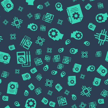 İnsan kafasını teçhizatlı hale getirin, belge ayarları ve kalem, mikrodevreli çoklu ölçer ve işlemciyi kusursuz desen üzerine ayarlayın. Vektör