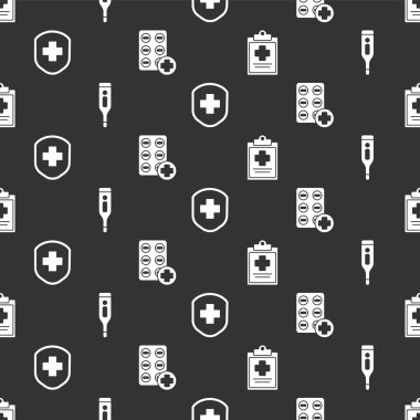 Tıbbi kayıtları olan tıbbi panoyu, tıbbi dijital termometreyi, haçlı tıbbi kalkanı ve pürüzsüz desenli hapları hazırlayın. Vektör