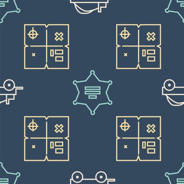 Vahşi batı vagonu, hazine haritası ve Hexagram şerifini kusursuz bir düzene sokun. Vektör