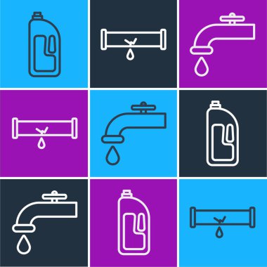 Kanalizasyon temizleyicili konteynır, su musluğu ve sızdıran ikonlu kırık boru. Vektör