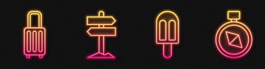 Dondurma, bavul, trafik levhası ve pusula. Parlayan neon ikonu. Vektör