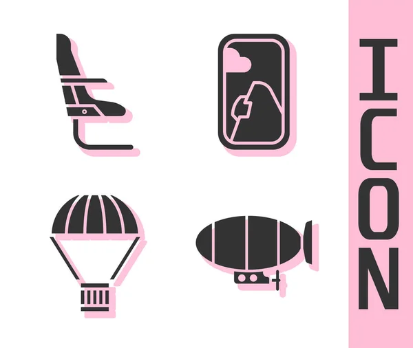 Set Airship, Airplane seat, Box flying on parachute and Airplane window icon. Vector